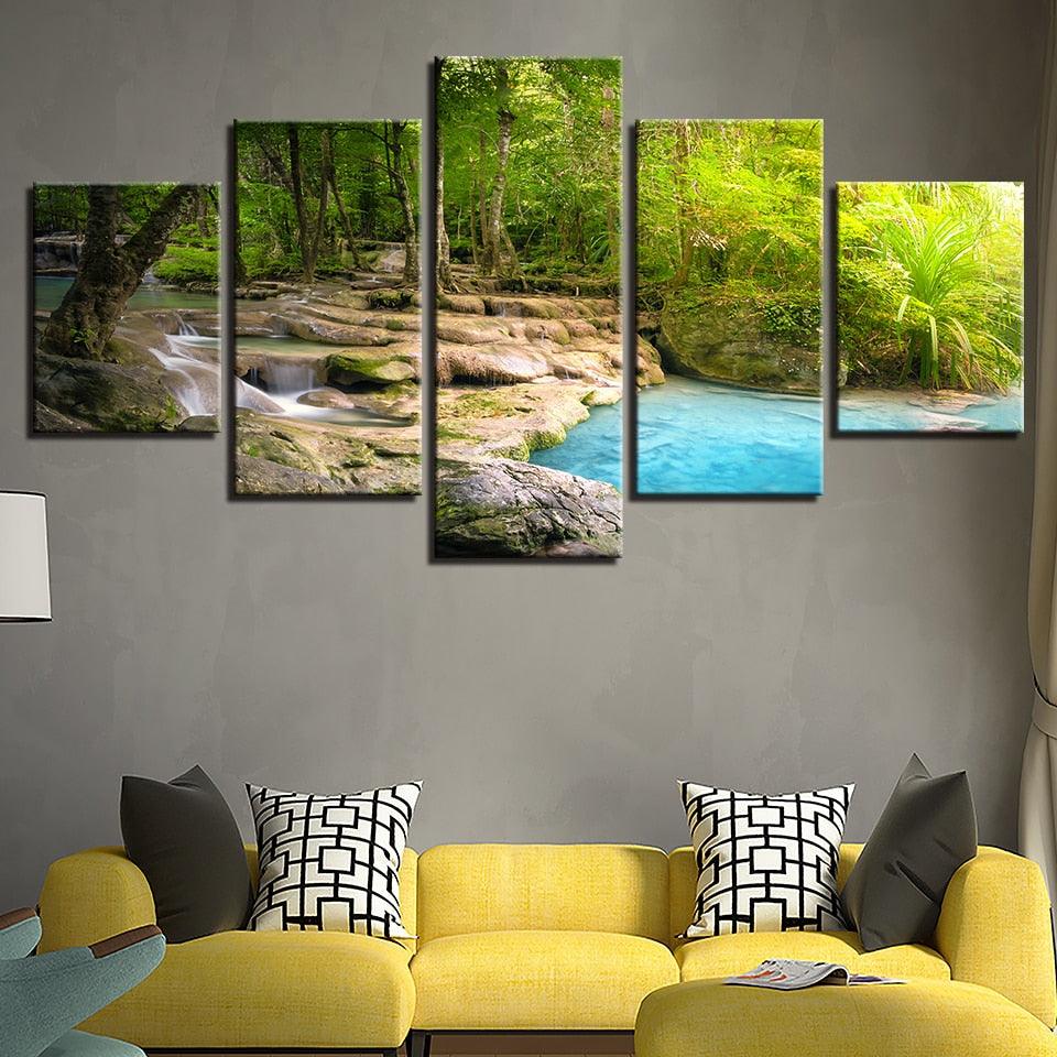 Forest Lake Flowing 5 Piece HD Multi Panel Canvas Wall Art Frame - Original Frame