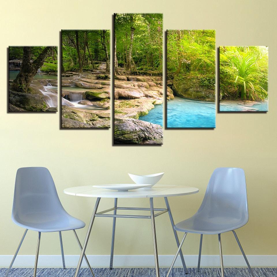 Forest Lake Flowing 5 Piece HD Multi Panel Canvas Wall Art Frame - Original Frame