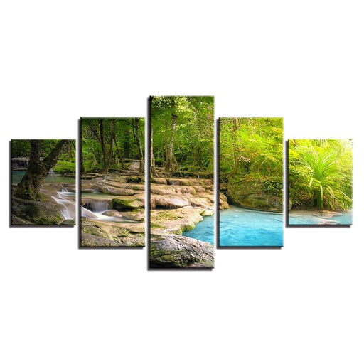 Forest Lake Flowing 5 Piece HD Multi Panel Canvas Wall Art Frame - Original Frame