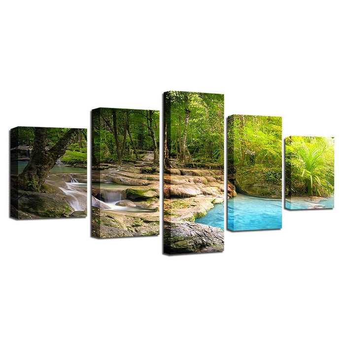 Forest Lake Flowing 5 Piece HD Multi Panel Canvas Wall Art Frame