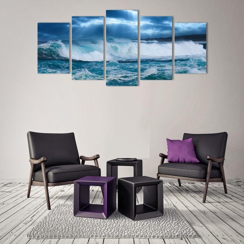Sea Waves 5 Piece HD Multi Panel Canvas Wall Art Frame - Original Frame
