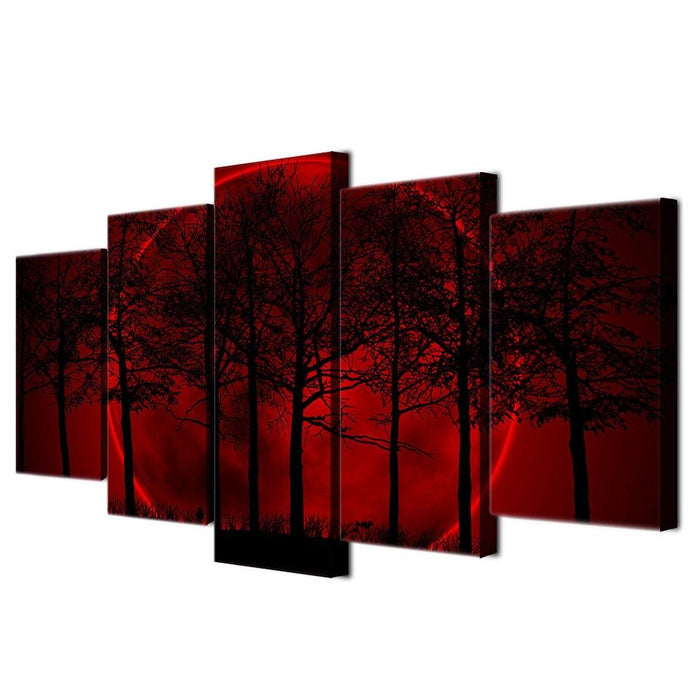 Red Moon Forest 5 Piece HD Multi Panel Canvas Wall Art Frame