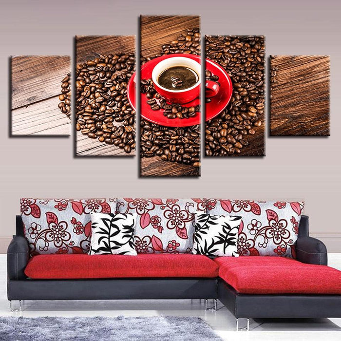 Coffee Beans Heart 5 Piece HD Multi Panel Canvas Wall Art Frame - Original Frame