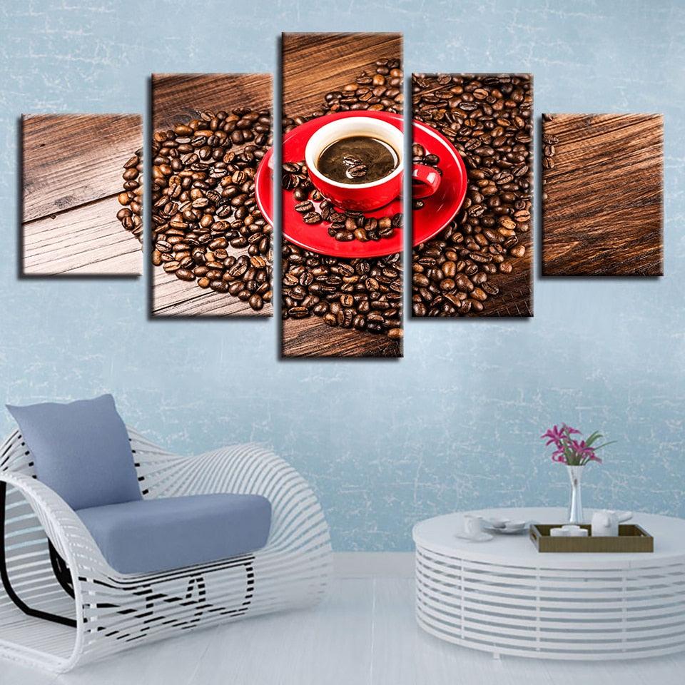 Coffee Beans Heart 5 Piece HD Multi Panel Canvas Wall Art Frame - Original Frame