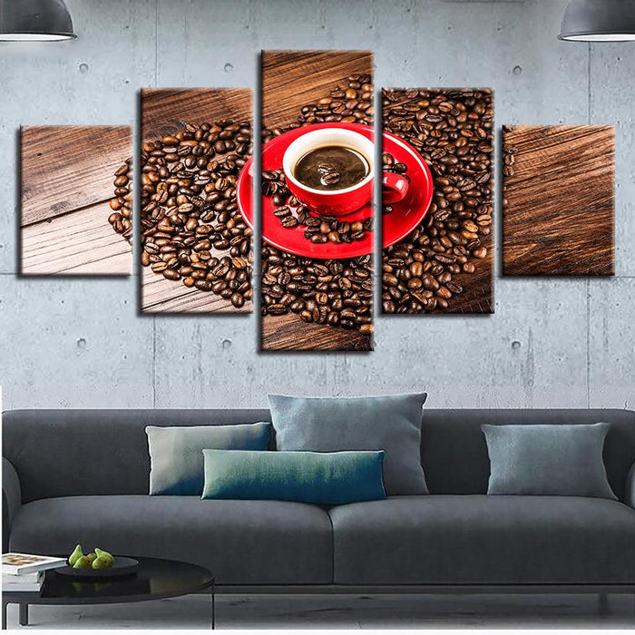 Coffee Beans Heart 5 Piece HD Multi Panel Canvas Wall Art Frame - Original Frame