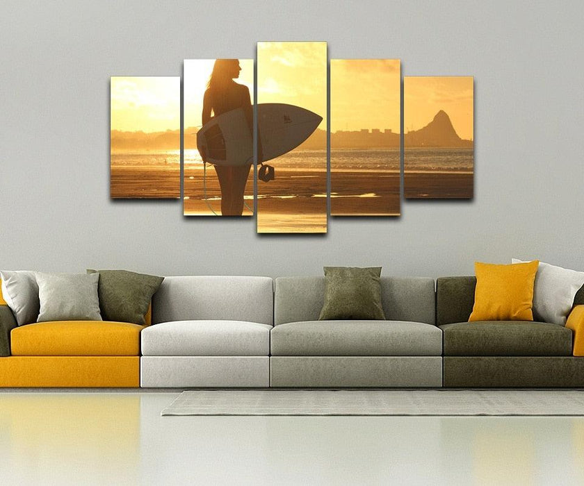 The Surfer Girl 5 Piece HD Multi Panel Canvas Wall Art Frame