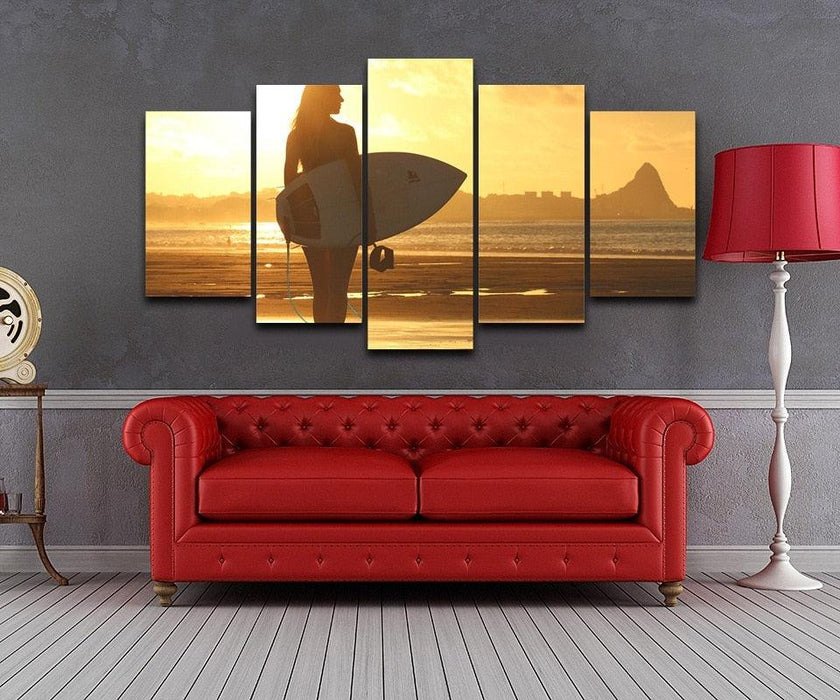 The Surfer Girl 5 Piece HD Multi Panel Canvas Wall Art Frame - Original Frame