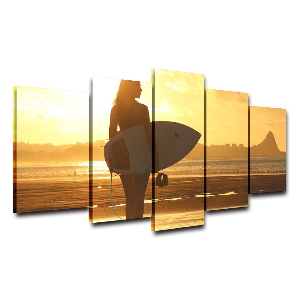 The Surfer Girl 5 Piece HD Multi Panel Canvas Wall Art Frame - Original Frame