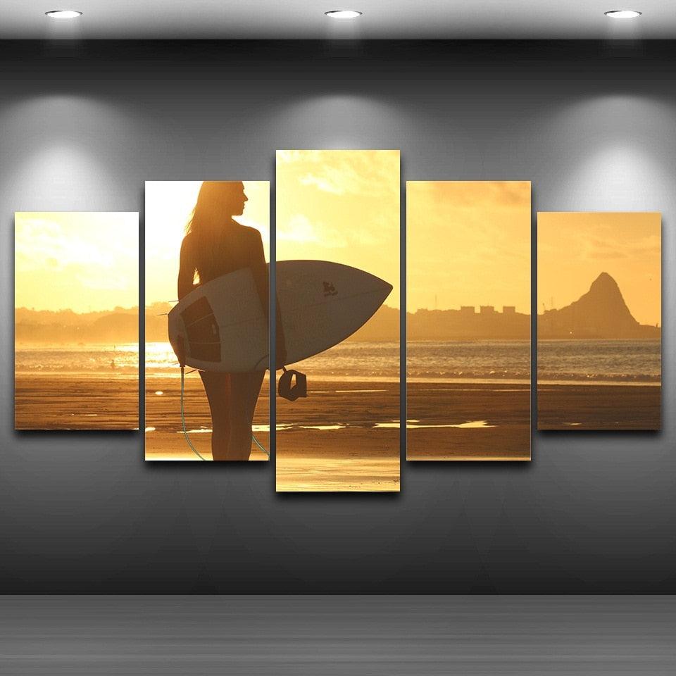 The Surfer Girl 5 Piece HD Multi Panel Canvas Wall Art Frame - Original Frame