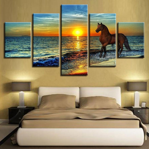 Horse On The Sunset 5 Piece HD Multi Panel Canvas Wall Art Frame - Original Frame