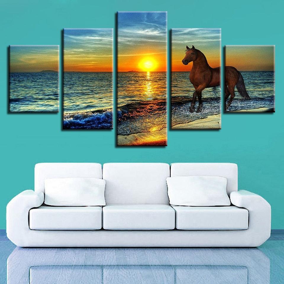 Horse On The Sunset 5 Piece HD Multi Panel Canvas Wall Art Frame - Original Frame