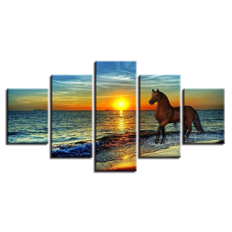 Horse On The Sunset 5 Piece HD Multi Panel Canvas Wall Art Frame - Original Frame