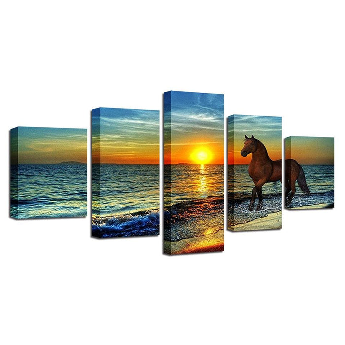 Horse On The Sunset 5 Piece HD Multi Panel Canvas Wall Art Frame - Original Frame