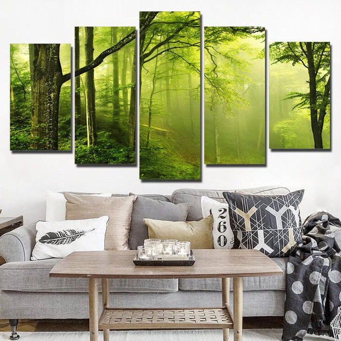 Green Natural Fresh Forest Scenery 5 Piece HD Multi Panel Canvas Wall Art Frame