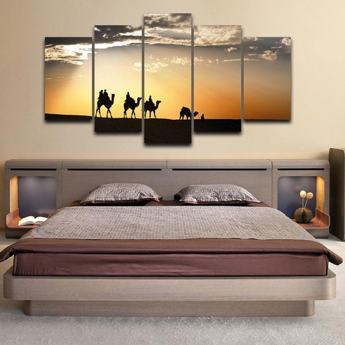 Camels Desert Sunset 5 Piece HD Multi Panel Canvas Wall Art Frame - Original Frame