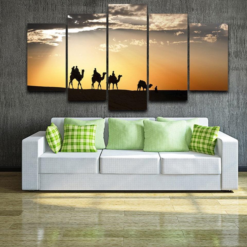 Camels Desert Sunset 5 Piece HD Multi Panel Canvas Wall Art Frame - Original Frame