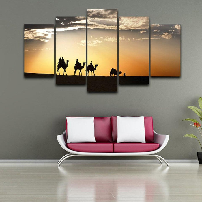 Camels Desert Sunset 5 Piece HD Multi Panel Canvas Wall Art Frame - Original Frame