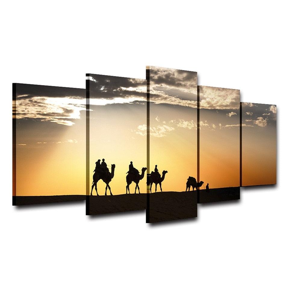 Camels Desert Sunset 5 Piece HD Multi Panel Canvas Wall Art Frame - Original Frame