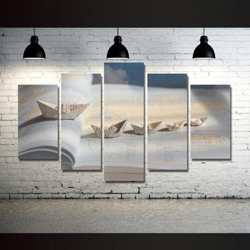 World Map Paper Ship 5 Piece HD Multi Panel Canvas Wall Art Frame - Original Frame