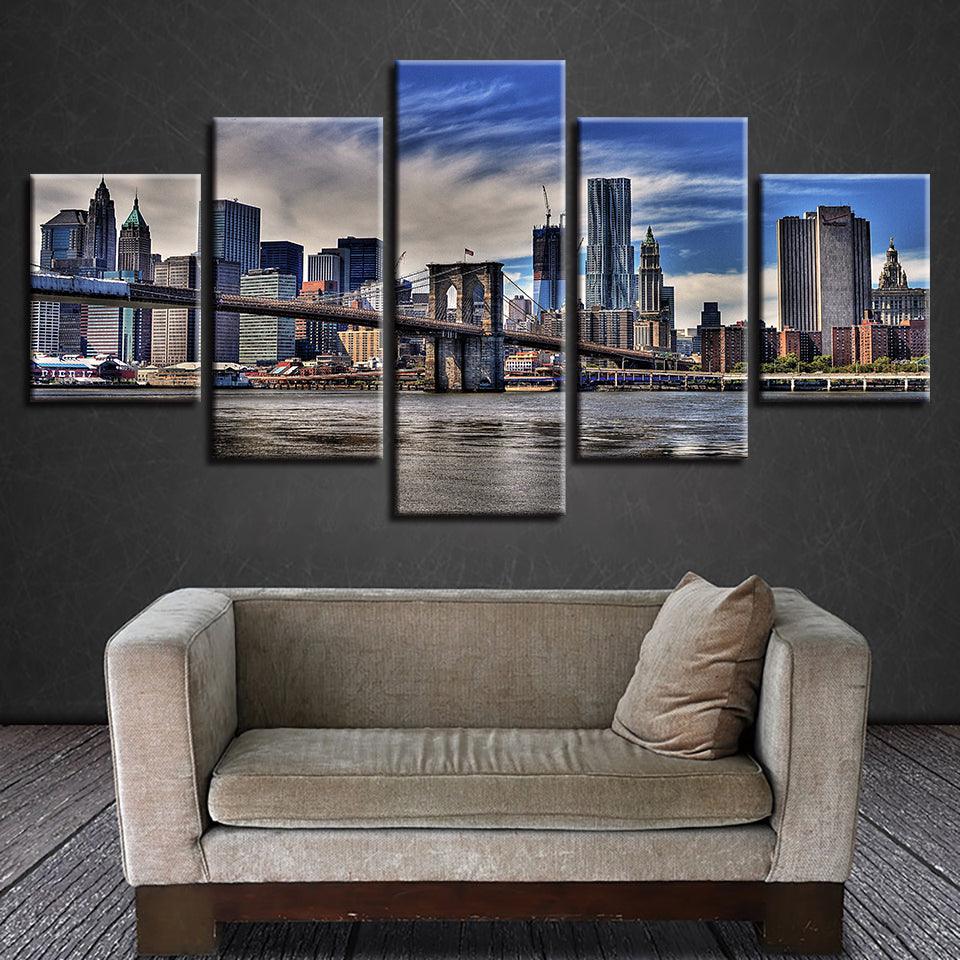 Brooklyn Bridge Under Blue Sky 5 Piece HD Multi Panel Canvas Wall Art Frame - Original Frame