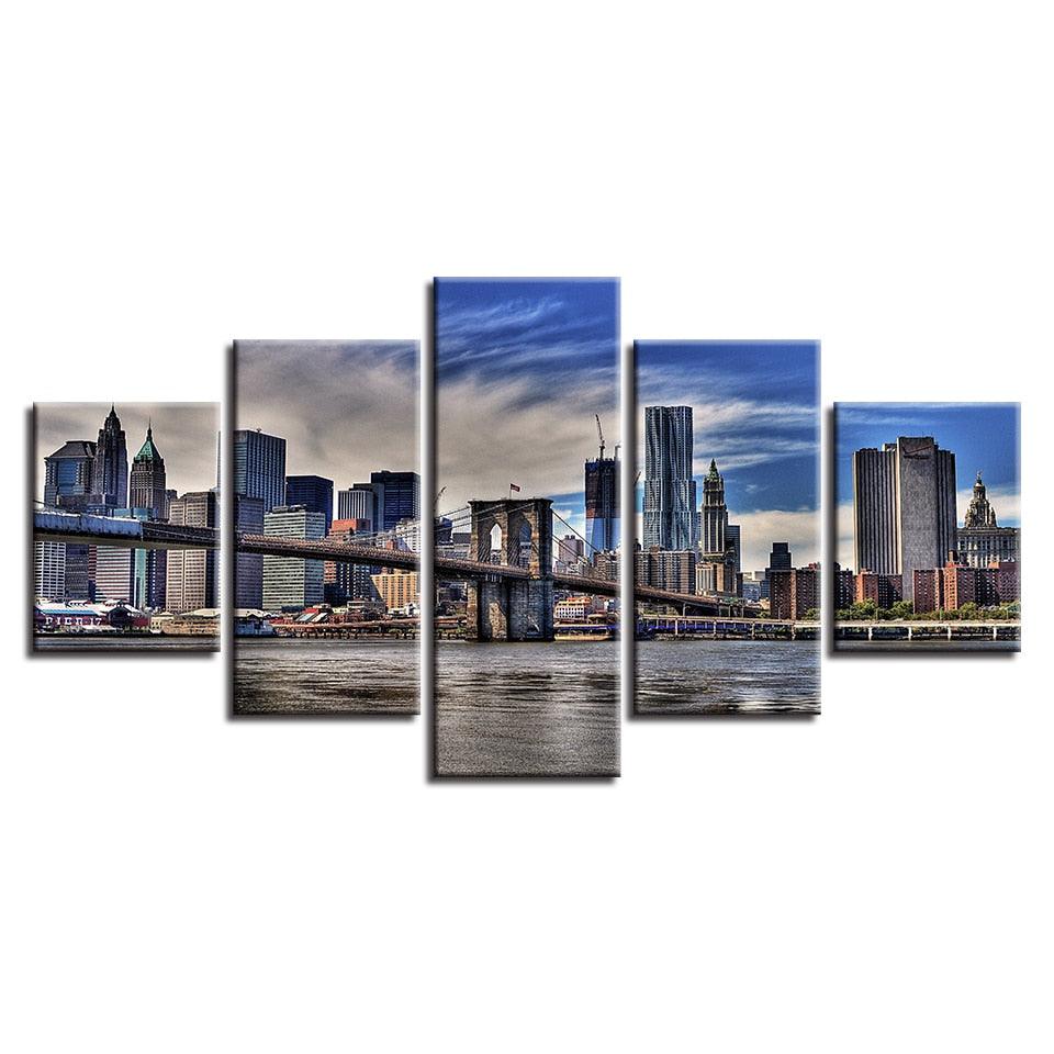 Brooklyn Bridge Under Blue Sky 5 Piece HD Multi Panel Canvas Wall Art Frame - Original Frame