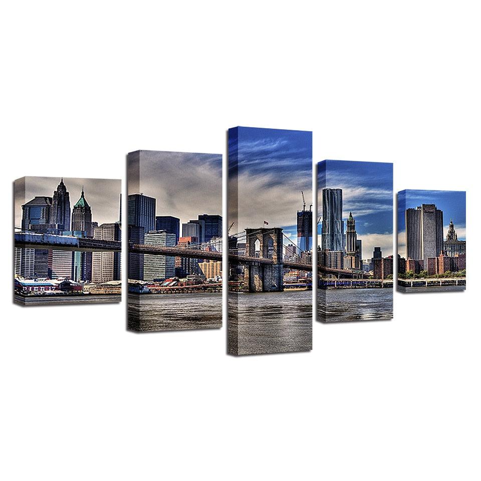 Brooklyn Bridge Under Blue Sky 5 Piece HD Multi Panel Canvas Wall Art Frame - Original Frame