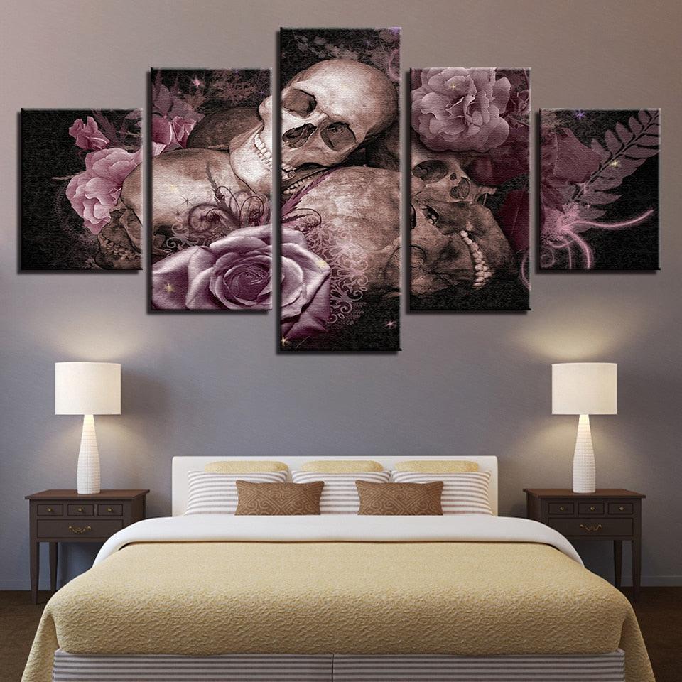 Skull And Roses Gothic 5 Piece HD Multi Panel Canvas Wall Art Frame - Original Frame