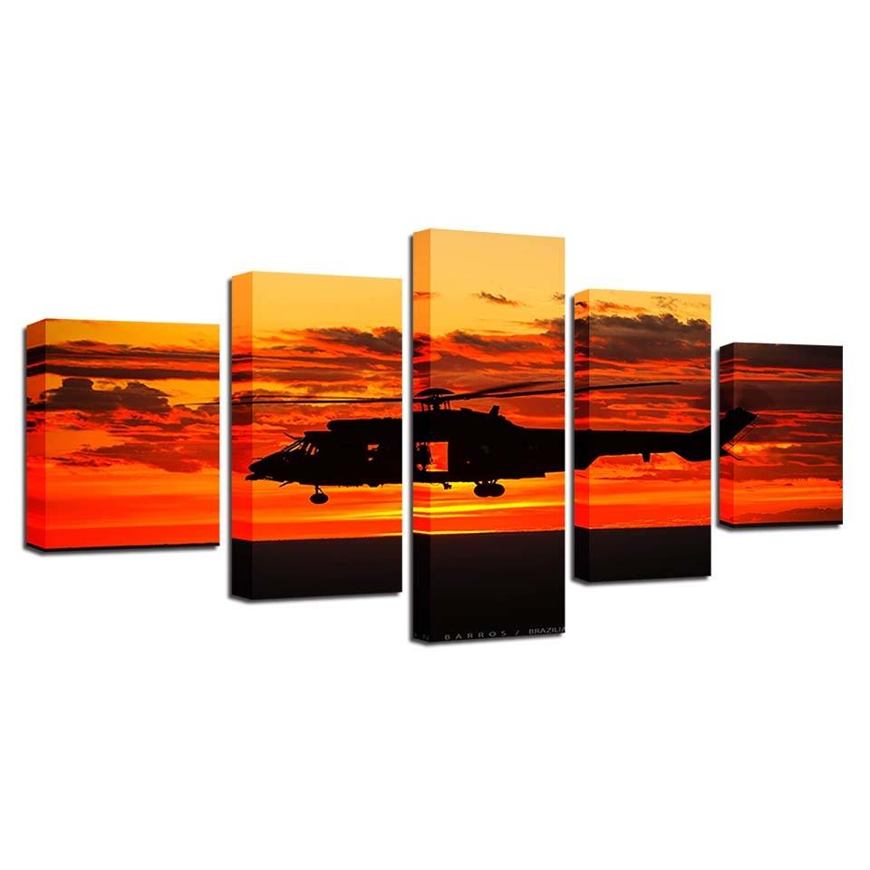 Helicopter Sunset 5 Piece HD Multi Panel Canvas Wall Art Frame - Original Frame