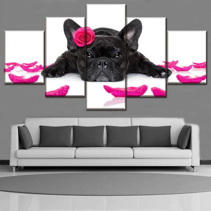 Cute Flowers Dog 5 Piece HD Multi Panel Canvas Wall Art Frame