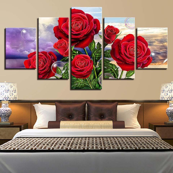 Red Roses 5 Piece HD Multi Panel Canvas Wall Art Frame - Original Frame