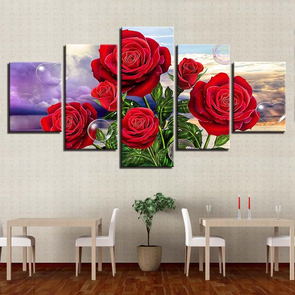 Red Roses 5 Piece HD Multi Panel Canvas Wall Art Frame - Original Frame