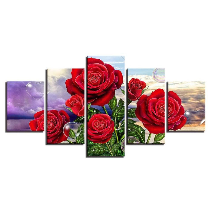 Red Roses 5 Piece HD Multi Panel Canvas Wall Art Frame - Original Frame