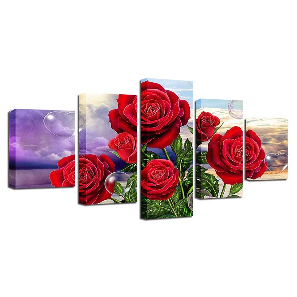 Red Roses 5 Piece HD Multi Panel Canvas Wall Art Frame - Original Frame