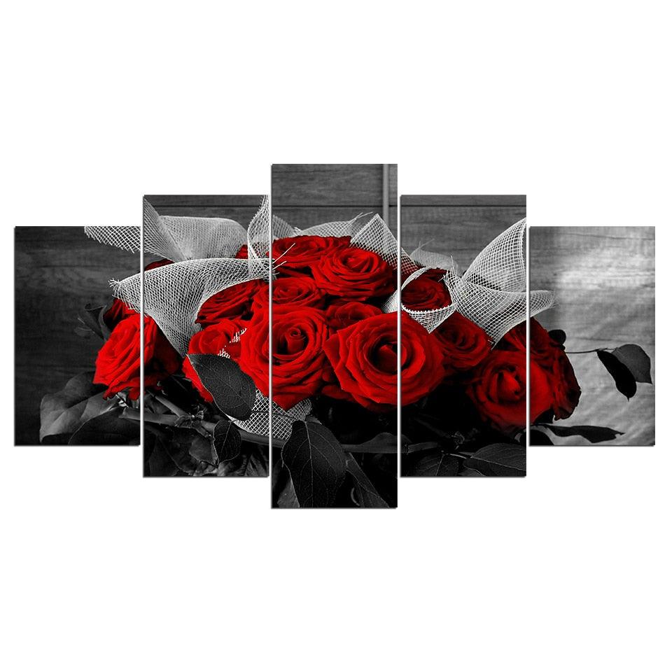 Beautiful Red Rose 5 Piece HD Multi Panel Canvas Wall Art Frame - Original Frame