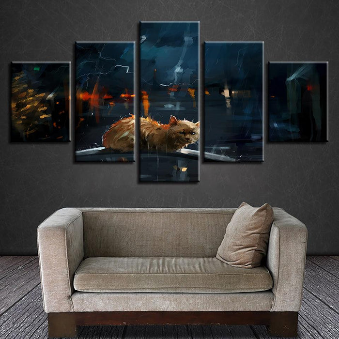 Cats In The Rain 5 Piece HD Multi Panel Canvas Wall Art Frame - Original Frame