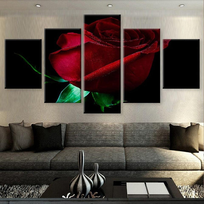 Red Rose 5 Piece HD Multi Panel Canvas Wall Art Frame - Original Frame