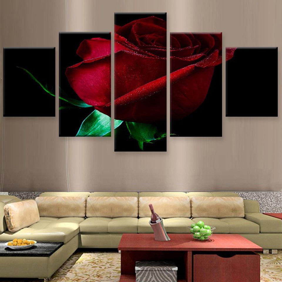 Red Rose 5 Piece HD Multi Panel Canvas Wall Art Frame - Original Frame