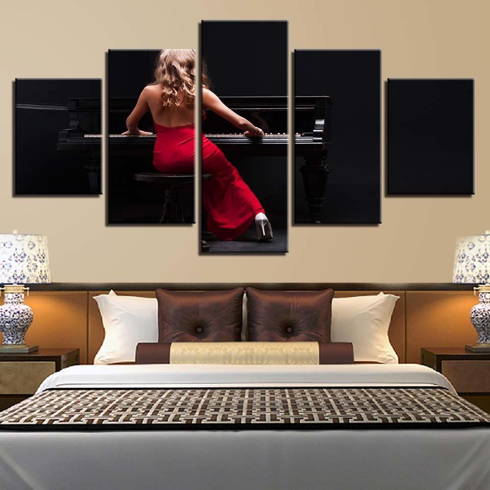 Woman In Red Plays The Piano 5 Piece HD Multi Panel Canvas Wall Art Frame - Original Frame