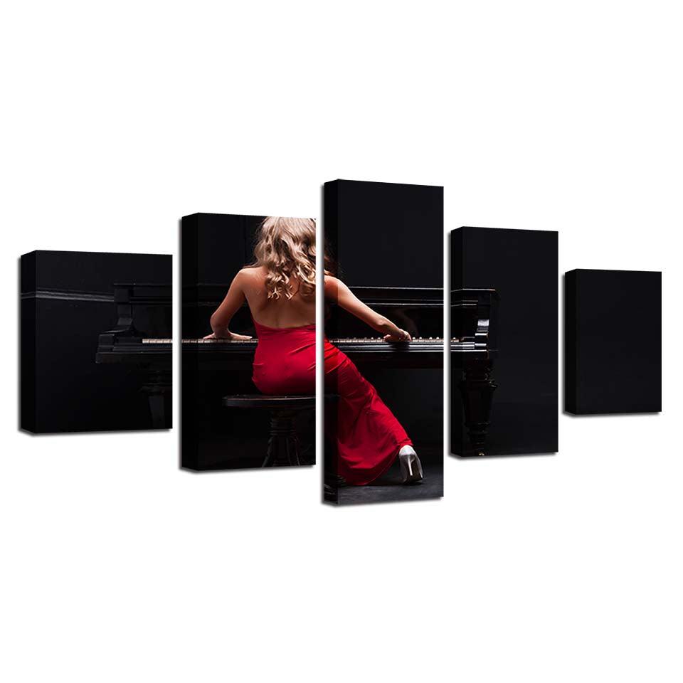 Woman In Red Plays The Piano 5 Piece HD Multi Panel Canvas Wall Art Frame - Original Frame