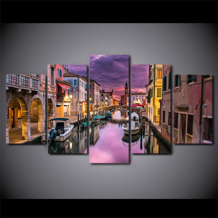 Boat Lake Bridge Venice 5 Piece HD Multi Panel Canvas Wall Art Frame