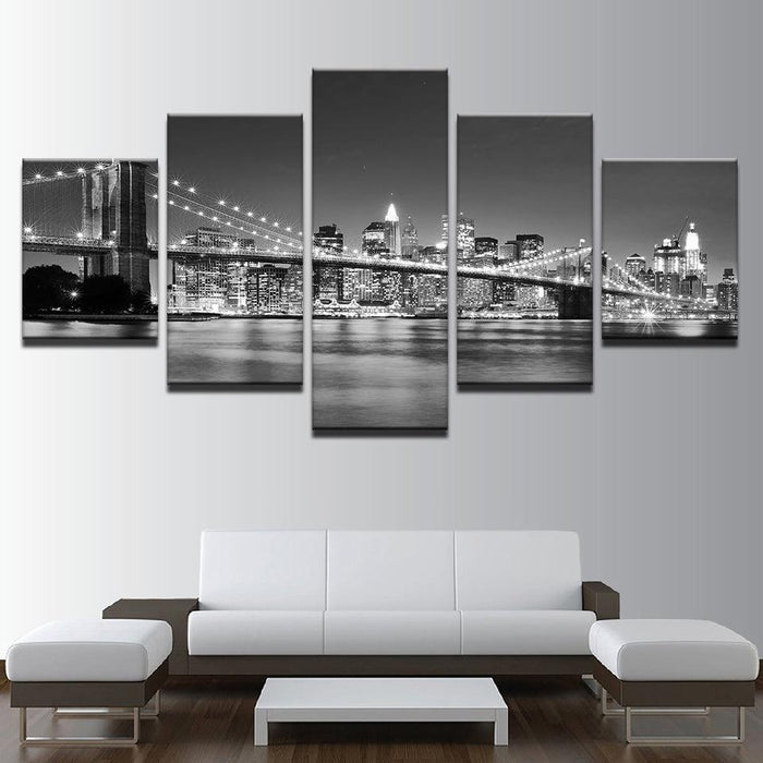 Black & White Brooklyn Bridge - 5 Piece HD Multi Panel Canvas Wall Art Frame