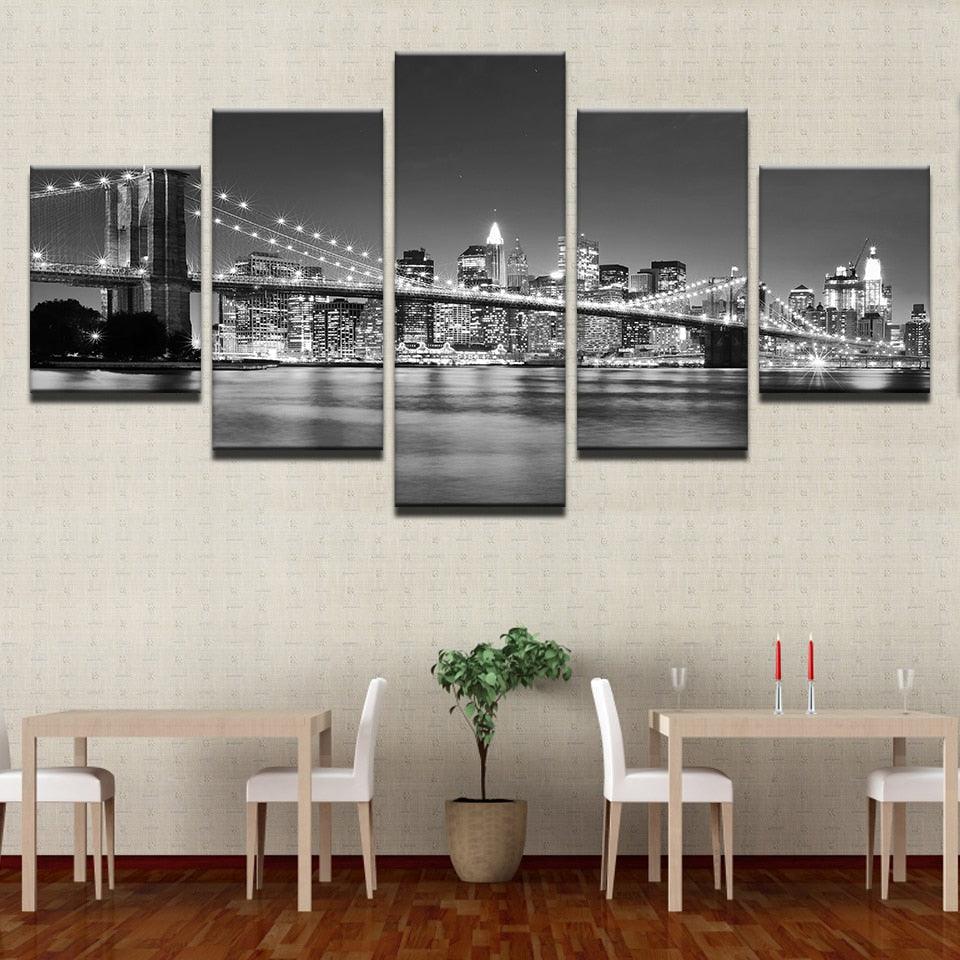 Black & White Brooklyn Bridge - 5 Piece HD Multi Panel Canvas Wall Art Frame - Original Frame