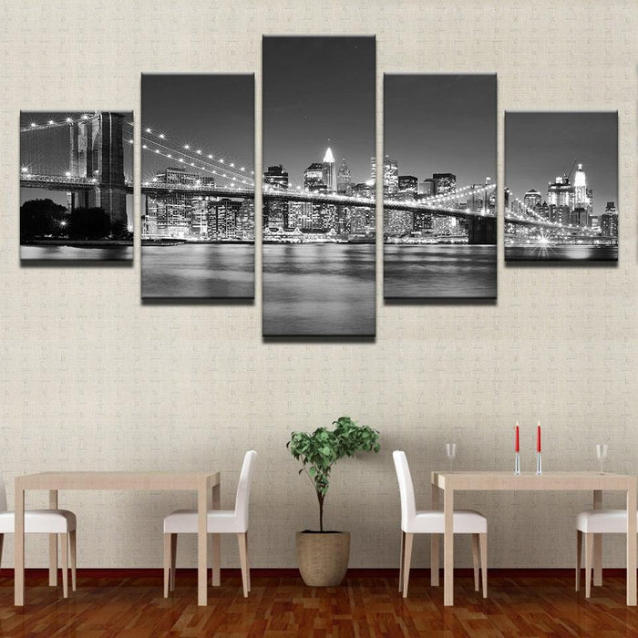 Black & White Brooklyn Bridge - 5 Piece HD Multi Panel Canvas Wall Art Frame