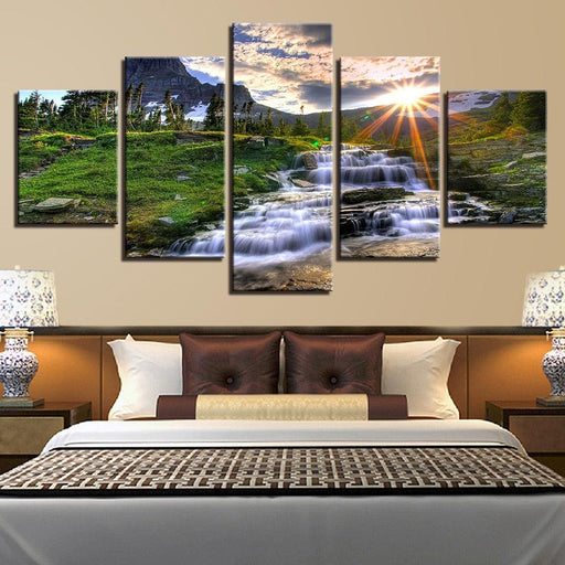 Mountain Waterfall Stream 5 Piece HD Multi Panel Canvas Wall Art Frame - Original Frame