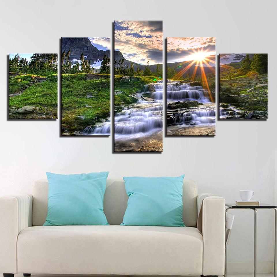Mountain Waterfall Stream 5 Piece HD Multi Panel Canvas Wall Art Frame - Original Frame
