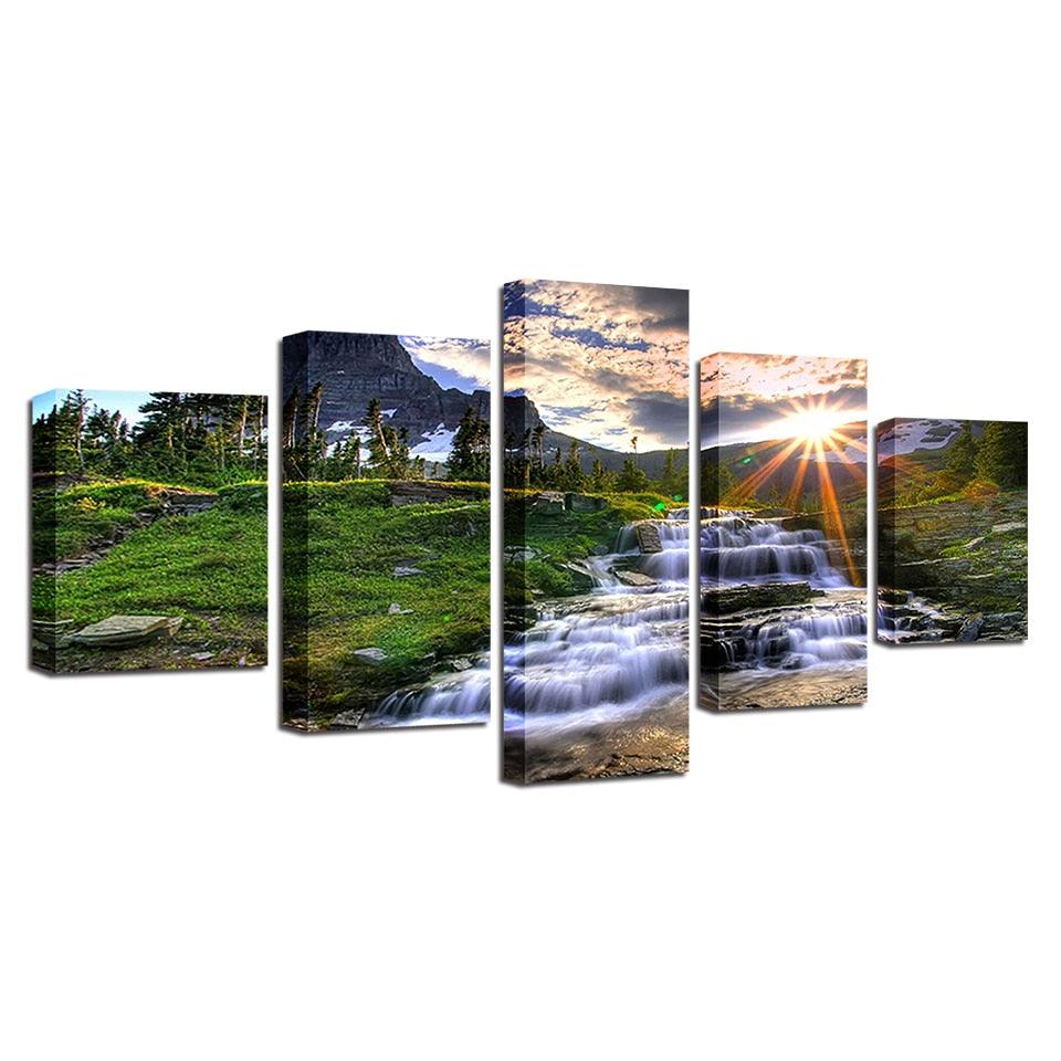 Mountain Waterfall Stream 5 Piece HD Multi Panel Canvas Wall Art Frame - Original Frame