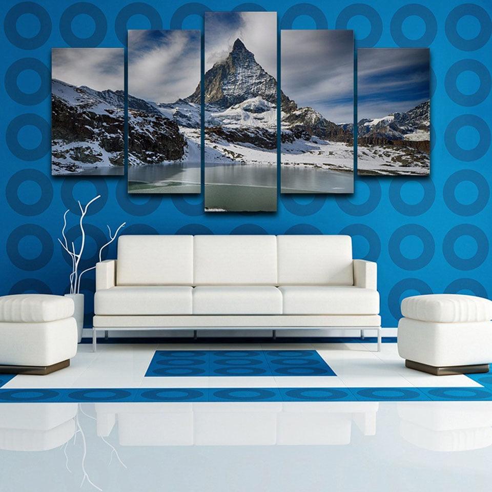 Zermatt Snow Mountain 5 Piece HD Multi Panel Canvas Wall Art Frame - Original Frame