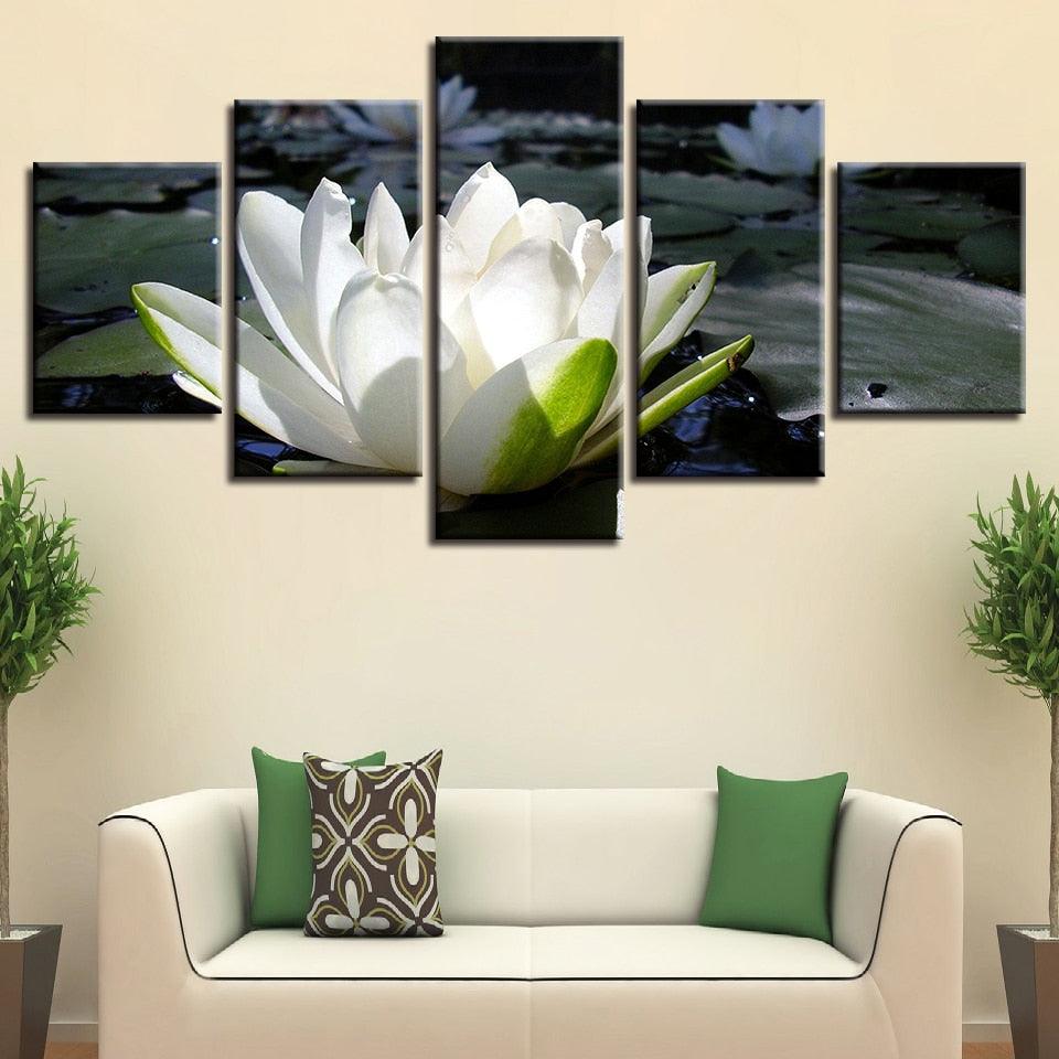 White Lotus 5 Piece HD Multi Panel Canvas Wall Art Frame - Original Frame