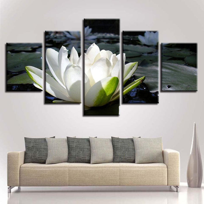 White Lotus 5 Piece HD Multi Panel Canvas Wall Art Frame