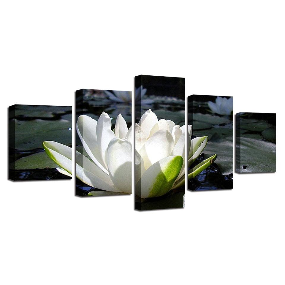 White Lotus 5 Piece HD Multi Panel Canvas Wall Art Frame - Original Frame